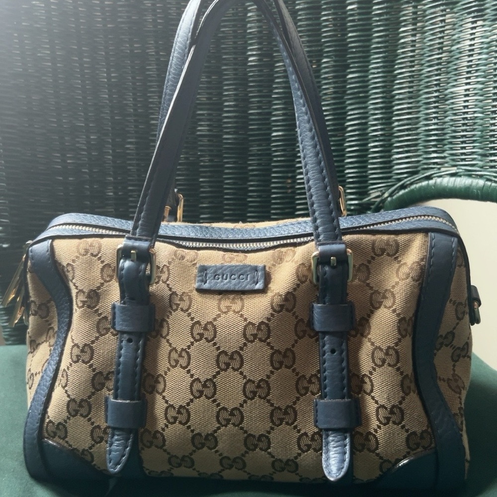 Gucci GG Canvas Boston Bag Blue Leather Trim 387601